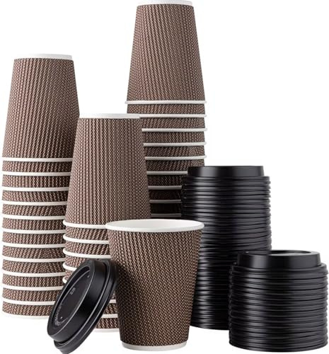 400 Pack 8oz Disposable Coffee Cups with Lids – Brown Ripple Triple Wall Insulated Paper Cups, Leakproof Takeaway Hot Drink Cups for Coffee, Tea & Office Use