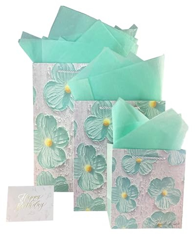 Blue and green flower gift bag (available in three sizes: large 25*12*33cm, medium 20*9.5*24cm, and 15.5*7*14) - contains 6 tissues and 1 greeting card - suitable for birthdays and party gatherings