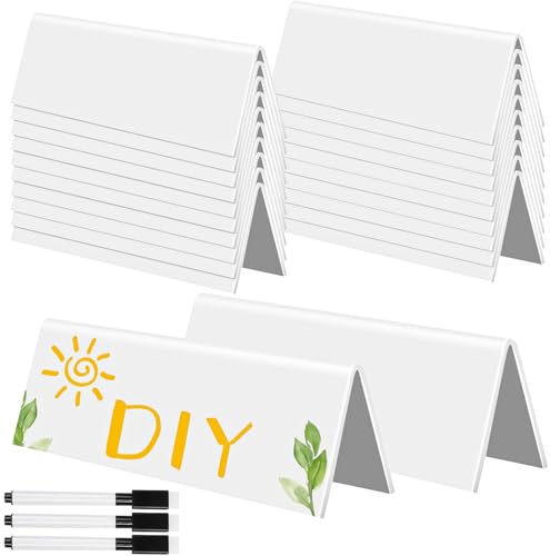 20 Sets Dry Erase Name Tent Cards with Black Markers White Reusable Name Plate Wipe Clean Desk Tags Sign for Wedding Table Dinner Parties