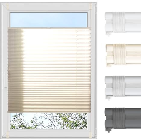 Grandekor Plissee Klemmfix ohne Bohren Faltrollo Jalousie (B60 x H120 cm) Beige | Alustange, Zubehör & Stoff farblich einheitlich – Sicht- & Sonnenschutz Rollos für Fenster & Tür