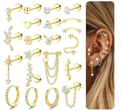 FIOROYAL 21Pcs Helix Piercings Ohrringe Set Damen Piercing Ohr Gold | Chirurgenstahl Ohrringe,14K Vergoldet Knorpel Ohrring Creolen CZ Flachrückige Ohrstecker Set Kette Conch Daith Tragus