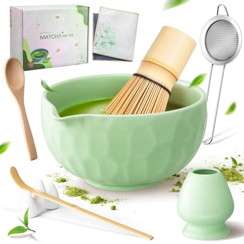 URBZUE Matcha Kit 8 Piezas – Set para la Ceremonia Japonesa del Té con Cuenco con Pico, Batidor de Bambú (Chasen), Soporte, Chashaku y Tamiz – Regalo para Amantes del Matcha, Verde