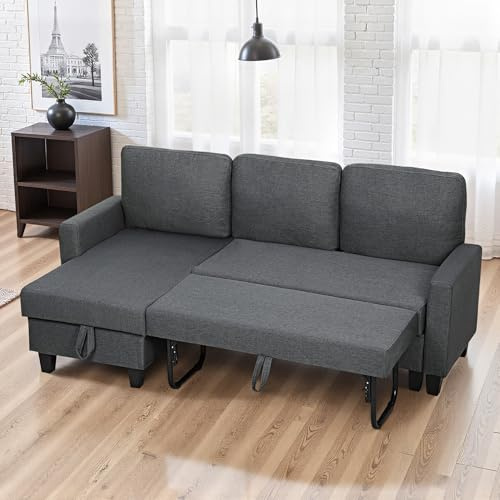 HOMCOM 3-in-1 Convertible Sofa Bed with Storage Chaise, Fold-Out 3 Seater Sectional Sleeper Sofa Couch with Removable Covers, Linen Fabric L-Shaped Couch for Living Room, Office, Charcoal Grey