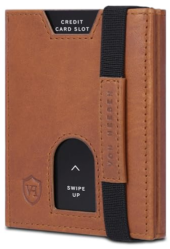 VON HEESEN Mini Kartenetui Mit Münzfach 5-10 Karten - RFID-Schutz - Leder Geldbörse für Damen Herren - Geldbeutel Männer klein - Portemonnaie Portmonaise Portmonee Slim Wallet (Cognac Waxy)