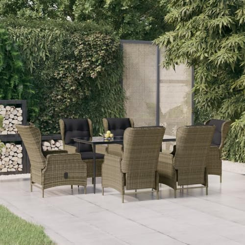 Ziaphsol 7-TLG. Garten-Essgruppe Braun Poly Rattan, verstellbare Stühle, Hartglas-Tischplatte, Outdoor-Möbel-Set für Terrasse, Balkon, wetterfestes Patio-Set