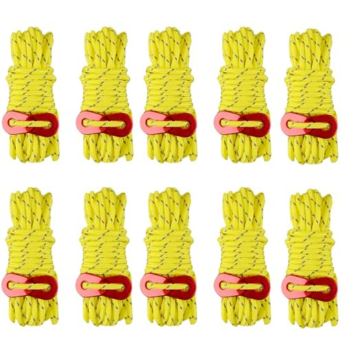 AnBoxiaodian Lot de 10 haubans réfléchissants, 4 m, paracorde réfléchissantes, pour camping, avec tendeur en alliage d'aluminium, 4 mm x 4 m, jaune