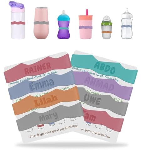 Lot de 4 Personnalisable Silicone Nom pour Biberon, Etiquette Marqueur Identification de Biberon en Silicone, Personnalisé Bague Biberons Prenom Bebe, Personnalisation Prenom Biberon Creche