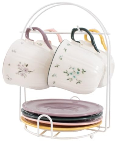 9 Piece Floral Teacup and Saucer Set with Hanging Rack – 4 x 220ml Tea Cups with Matching Saucers Space Saving Metal Storage Stand Vintage Style Coffee Cup Set for Kitchen Counter Display Gift Present