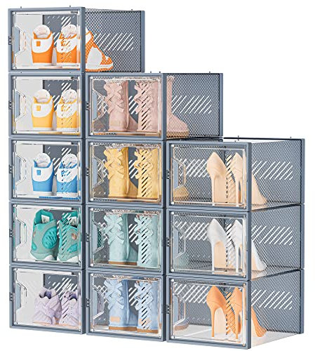 SIMPDIY Shoe Storage Box,12 pcs Shoe Box Clear Plastic Stackable, Shoe Organizer Containers with Lids for Women/Men,Fit up to UK 12
