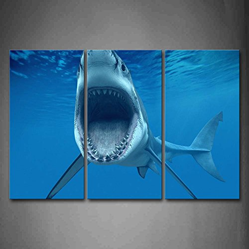 First Wall Art - Hai offener Mund Leinwand Bilder Blaues Meer Badezimmer Wandbild Poster 3 Panel Modern Meereslebewesen Dekorationen Für das Wohnzimmer,Büro,Küche,Schlafzimmer