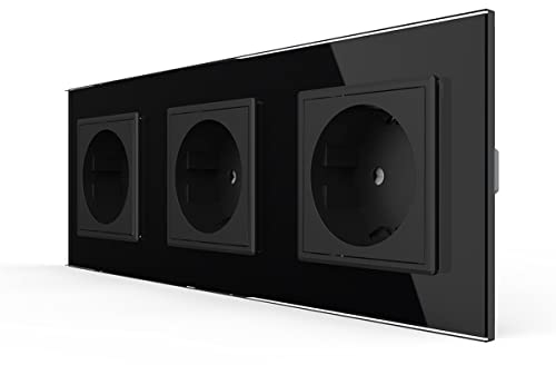 LIVOLO Schwarz 3 Fach Schuko Steckdose Schutzkontakt mit Kindersicherung Panel aus Kristallglas EU Standard Wandsteckdose,VL-C7C3EU-12-A