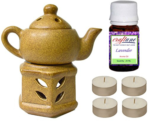 Royal Handicrafts Handcrafted Ceramic Premium Tea Light Aroma Oil Burner / Oil Diffuser - Ethnic Kettle / Teapot Design Matte Brown Finish - Free Lavender Aroma Oil 20 ml & 4 Tealights
