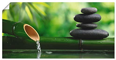 ARTLAND Wanddeko Poster & Kunstdrucke Wandposter 100x50 cm Wellness Zen Stein Fotografie Grün Bambusbrunnen und Zen-Stein S5YF
