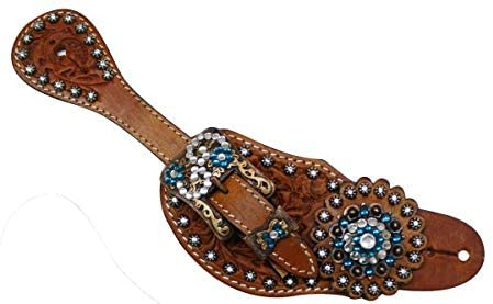 Showman Damen-Sporenriemen aus Leder mit Schnallen im Vintage-Stil und blauen Strass-Conchos (mittelöl/blau)