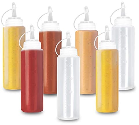 MATANA 8 Plastic Squeeze Sauce Bottles with Nozzles, 240ml - Condiments, Sauces, Ketchup, Dressings, Mustard, Olive Oil - BPA-Free & Dishwasher Safe