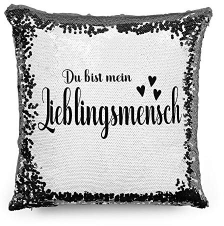 Tassendruck Pailletten-Kissen mit Spruch Du bist Mein Lieblingsmensch - Verliebt/Liebe/Geschenk-Idee/Paar/Kissenbezug inkl. Kissenfüllung/Farbe: Schwarz
