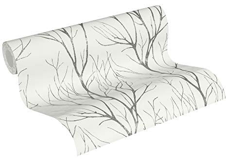 A.S. Création Blooming Vliestapete 10,05 m x 0,53 m mit glänzendem Baummotiv - Grau, Schwarz, Weiß - Wald-Motivtapete im Metallic-Look Made in Germany - 372604