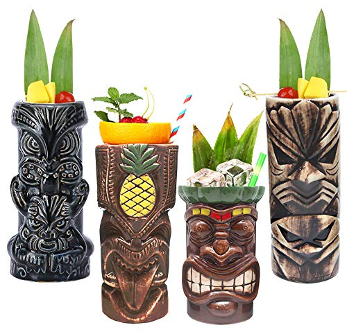Tiki Mugs 4 tazas Tiki para cócteles, Juego de Vasos de cerámica tiki novedosos cerámica con temática hawaiana para cócteles y fiestas, celebración de festivales de boda