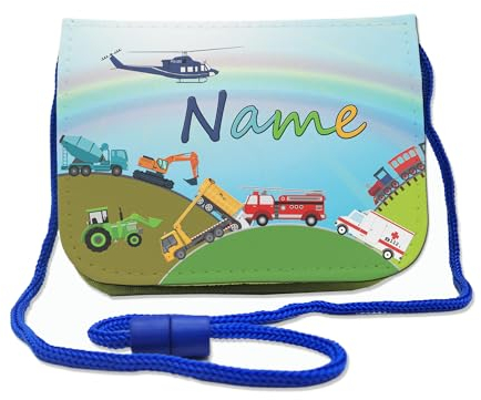 Kinder Brustbeutel mit Name und Schriftartwahl | Klettverschluss mit Schnur zum Umhängen und Klarsichtfach | Geldbeutel personalisiert | 3 Farben (Fahrzeuge)