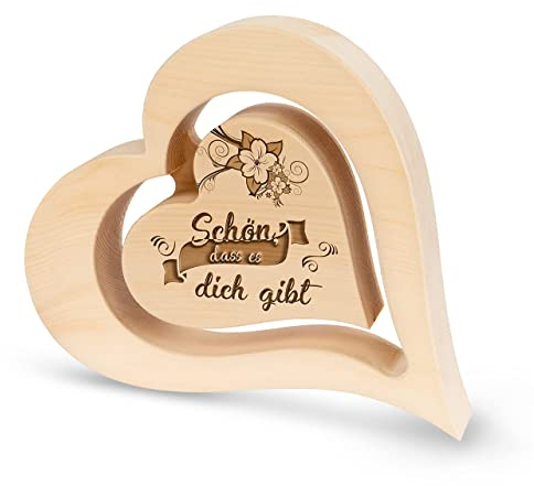 sagl.tirol Herz aus Zirbenholz mit schwebendem innen Herz und Gravur [100% Naturprodukt] Mama Geschenk aus Zirbe I Herz Deko I Jahrestag Geschenk I Muttertag I Vatertag I Schön, DASS es Dich gibt