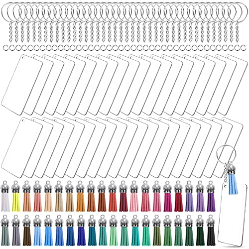Duufin 120 Stücke Acryl Schlüsselanhänger Set mit Leder Quasten Anhänger Acryl Rechteck Rohlinge Schlüsselringe mit Kette und Biegeringe, Transparent Acryl Schlüsselbund Rohlinge Bunte Quasten Set