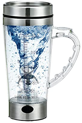 ABHI 450ML Botellas de Agitador Eléctrica con Mango Acero Inoxidable Energizado Bateria Autoagitación Portátil Botella Vortex Mezclador para Café Té Bebidas Leche Vaso Coctelera de Proteínas - Plata