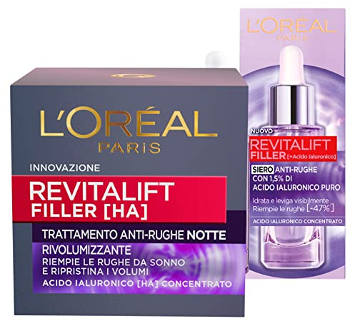 L'Oréal Paris Siero Viso Revitalift Filler Azione Rimpolpante + Revitalift Filler Crema Trattamento Viso Notte Anti-Rughe Rivolumizzante - 2 Trattamenti con Acido Ialuronico
