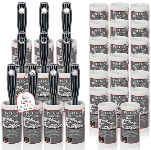 Caraselle Pet Hair Remover Extra Sticky Lint Roller (10 roller + 20 refill) | 225 metres of no-perforation sticky paper (≈2250 sheets equivalent) lifts cat & dog hair from clothes, sofa, carpet, car seat