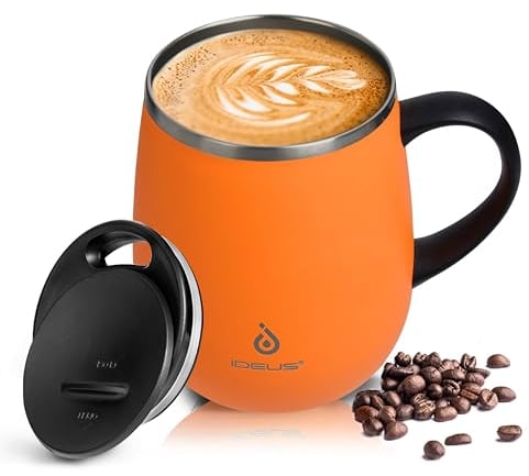 Ideus Coffee Mug 470ml (16oz), Double Wall Vacuum Insulated Stainless Steel Coffee & Tea Cup w/Non-Slip Handle & Slider Module Lid & Large Volume (Orange)