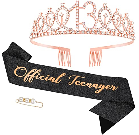 Fanshiontide 13.Geburtstag Schärpe und Geburtstagskrone,Roségold 13 Krone Strass Tiara & Official Teenager Geprägter für 13 Geburtstag Mädchen Alles Gute zum 13. Geburtstag Party Deko Supplies