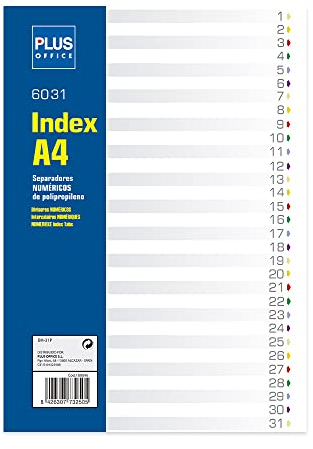 Plus Office – Separadores Numéricos A4 para Archivador, Índices Numéricos para Carpeta, Carpesano y Archivador de 2 a 4 anillas, Separadores Ideales para Oficina y Escuela (31 Posiciones)