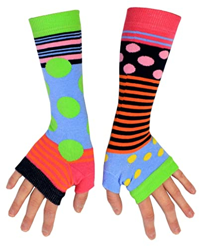 United Oddsocks Arm Warmers Novelty Fingerless Gloves Knit Wrist Warmers for Women and Girls, Long Winter Mittens with Thumb Opening - Stripes and Spots