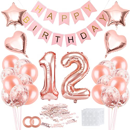 Bluelves Geburtstagsdekoration 12. Geburtstag Mädchen – Ballon und Banner, Roségold, Konfetti