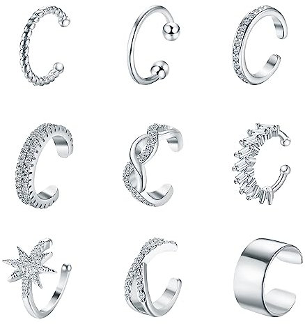 Dochais 9 Stück Kreolen Ear Cuff Set Damen Ohrmanschette Ohrringe Earcuffs Set Ohrklemme Helix Knorpel Ohrmanschette Ohne Ohrloch Ohr-Clips Mädchen Wickelohrring Fakepircings Ohr Cuffs Ohrklemme