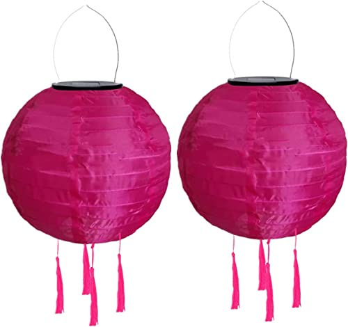 Youning Solar Lampions Außen Wetterfest 30cm Led Solar Lampion mit Quaste Outdoor Hängende Wasserdicht Solar Laterne Papierlaterner Aus Nylon Solarlampen für Außen Garten Balkon Deko (2PCS Pink#)