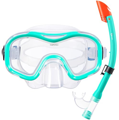 Dorlle Schnorchelset Kinder, Schnorcheln Set mit Anti-Fog Gehärtetes Glas Taucherbrille und Premium Halbtrockner Schnorchel für Schnorcheln und Schwimmen mit Tragetasche