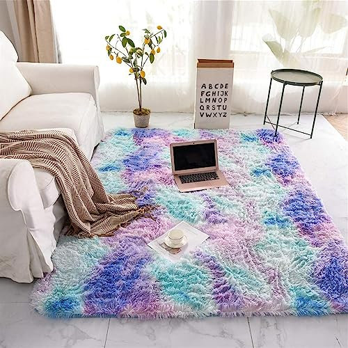 Reyox Shaggy Teppich Tie Dye Muster, Anti-Rutsch Teppiche Hochflor Langflor Pflegeleicht für Wohnzimmer Schlafzimmer Bettvorleger Mehrfarbig 140 x 200 cm