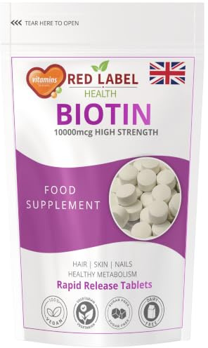 Red Label Health Biotin 10mg 400 Vegan Tablets, Hair Support | 1 Year+ Supply. High absorption D-Biotin to support healthy hair, skin, nails & energy metabolism.