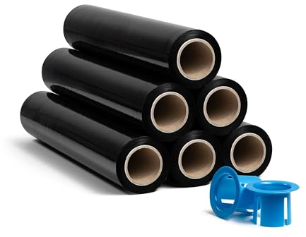 RAGO® Film etirable Demenagement Noir Lot de 6 I 0,85 kg I 7,5 x 7,5 x 40 cm I Film plastique Emballage Noir I Film à Palette i Rouleau emballage Colis avec Distributeur 150m