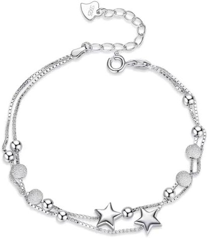 Bracciale Donna Argento Catena Stella Braccialetto Bracciale in Argento Con Stelle e Perline Per Le Donne, Bracciali per Donna Ragazze