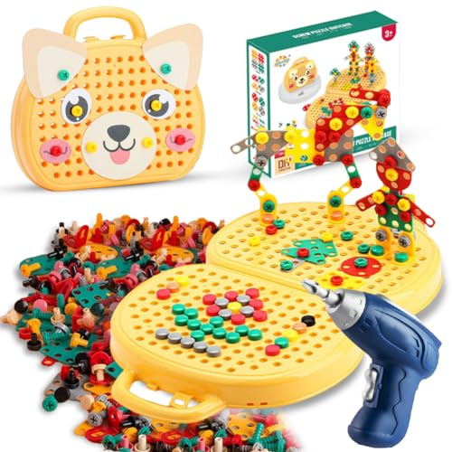 Magic Montessori Play Toolbox, Montessori Spielzeugkiste Steckspiel Mit Bohrmaschine Montessori Spielzeug ab 3 Jahre, 3D Puzzle Mosaik Montessori Werkzeugkoffer Taufgeschenke für Jungen Mädchen, Hund