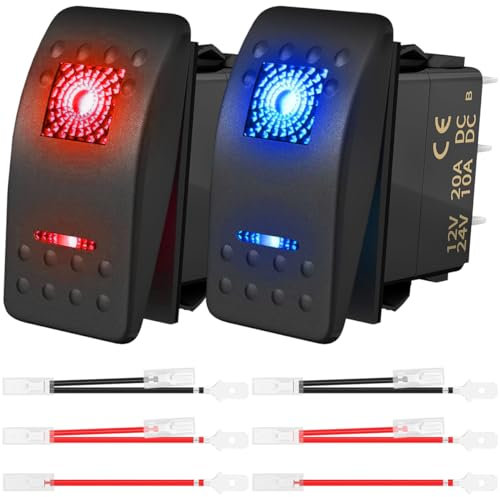 MKBKLLJY 2St. Kippschalter DC 20A/12V 10A/24V SPST Rot Blau LED Beleuchtet Wasserdicht Wippschalter 5Pin Ein/Aus mit Überbrückungskabel Set für UTV Autos Boot