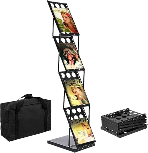 THCTYRP Katalogständer Faltbar mit 4 Taschen, Vertikal Schwarz | Zeitschriftenständer Magazinhalter & Broschüre Prospekthalter, Bodenstehender Modezeitschriftenständer
