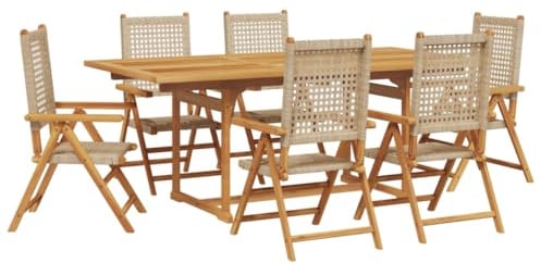 vidaXL Garten Essgruppe 7-TLG., Gartengarnitur mit Klappdesign, Sitzgruppe für Garten Terrasse, Gartentisch Stühle Gartenmöbel, Poly Rattan Massivholz Akazie Beige