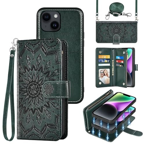Phone Case for iPhone 14 6.1 inch Zipper Wallet Magnetic Detachable Cell Cover with Screen Protector Crossbody Lanyard Strap Flip Card Holder Slot iPhone14 5G i i-Phone i14 14Case Women Men Dark Green