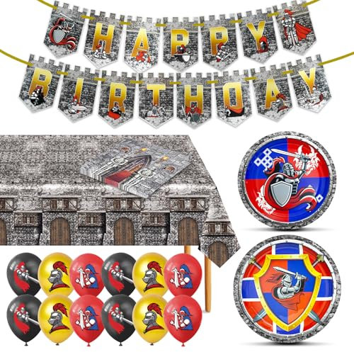 Ritter Geschirr, Mittelalter Party Dekoration mit Tellern Servietten Tischdecke Banner für Ritter Geburtstag Mittelalter Party Ritter Schloss Party