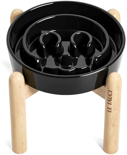 LE TAUCI Ceramic Slow Feeder Puzzle Bowl Elevated 3 Cup with Wooden Stand for Medium Large Dog, Fast Eater Slow Eating Food Bowl Skull Black