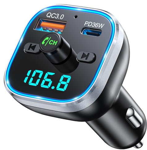 Mohard Bluetooth Auto, 54W PD & QC 3.0 Trasmettitore FM Bluetooth 5.3 per Auto Ricarica Rapida, Adattatore Accendisigari Auto Luce Ambientale, Chiamata Vivavoce Supporta Musica HiFi Assistente Vocale