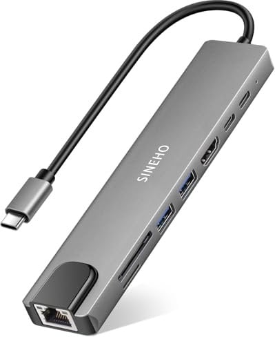 SINEHO Hub USB C 8-en-1 Multiport avec HDMI 4K@30Hz, Charge PD 100W, USB 3.0, USB 2.0, Port de données USB-C, Port Ethernet et Lecteur de Cartes SD/TF – Compatible avec MacBook, Dell XPS et Plus