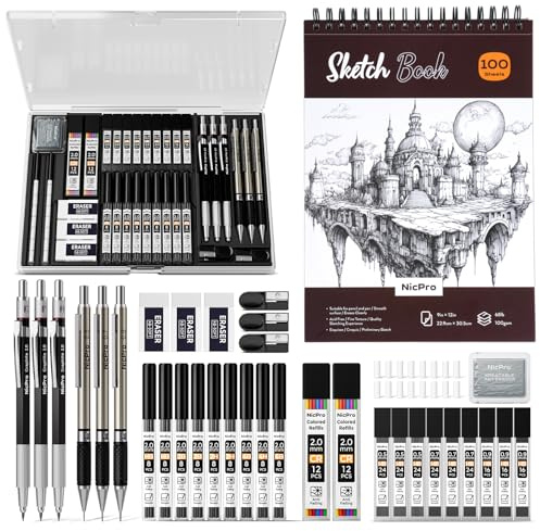 Nicpro Kit de fournitures de dessin artistique 37 pièces, ensemble de crayons mécaniques métalliques 0,5, 0,7, 0,9 et 2 mm, carnet de croquis 9x12 de 100 feuilles, 288 plombes, kit de fournitures